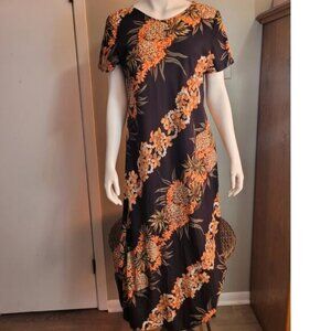 Vintage 90s Y2K Hilo Hattie Hawaiian Maxi Dress Sz Large Pineapples Tropical